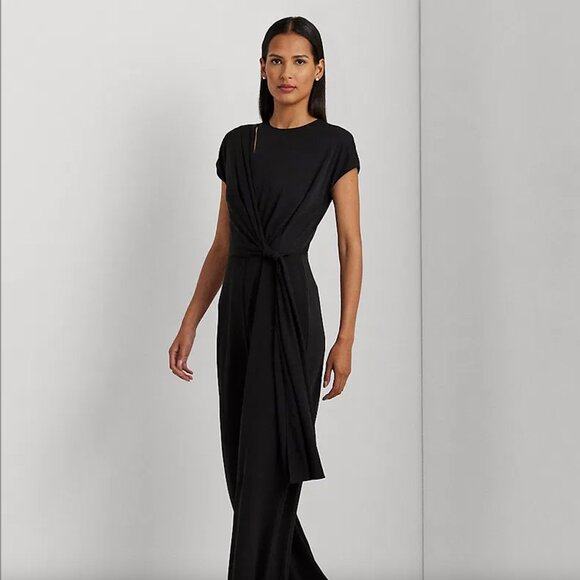 Lauren Ralph Lauren Black Tie-Front Jersey Wide-Leg Jumpsuit | Size 14 - Picture 8 of 8